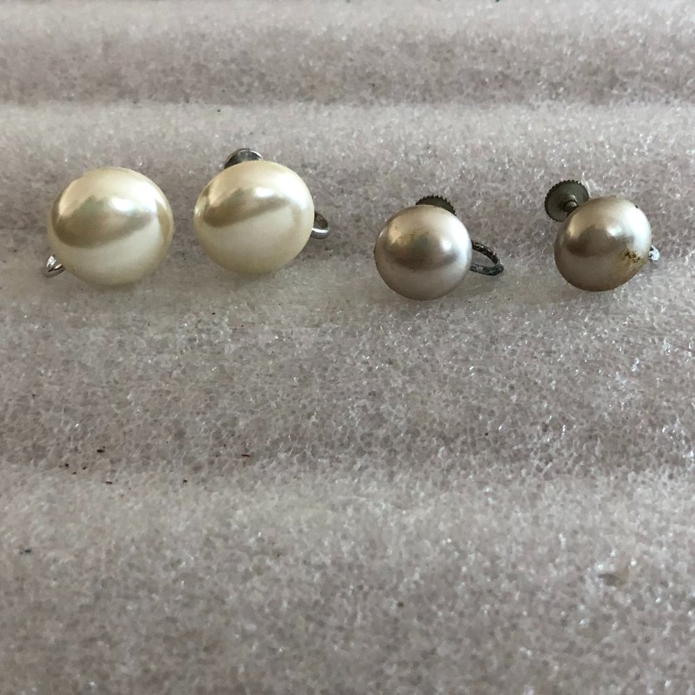 Vintage Pair of Signed Faux Pearl Button Screw Back Earrings ~ Japan